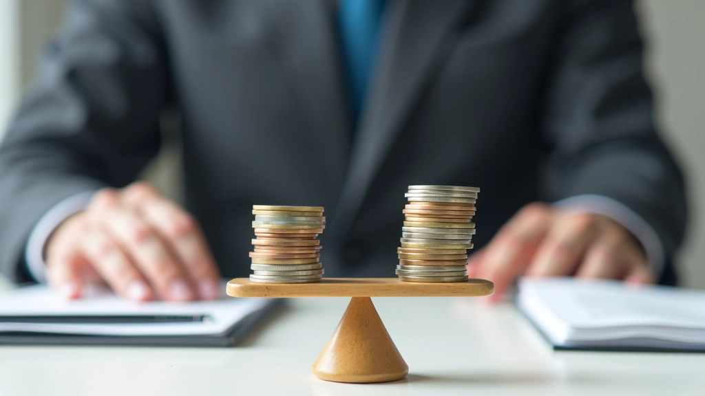 Balance scale with coins representing operating and development expenditures