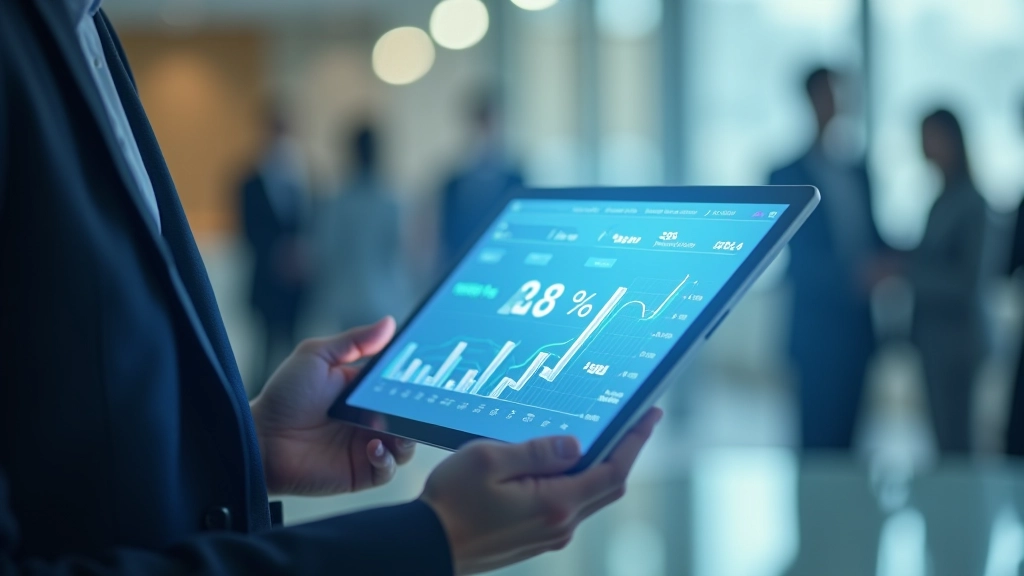 Percentage symbol and financial metrics on digital display screen