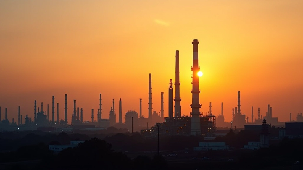 Oil refinery facility at sunset showing petroleum infrastructure that generates government revenue for Malaysia