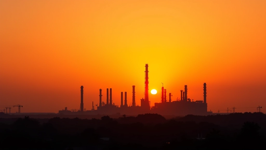 Oil refinery facility at sunset with industrial infrastructure silhouette